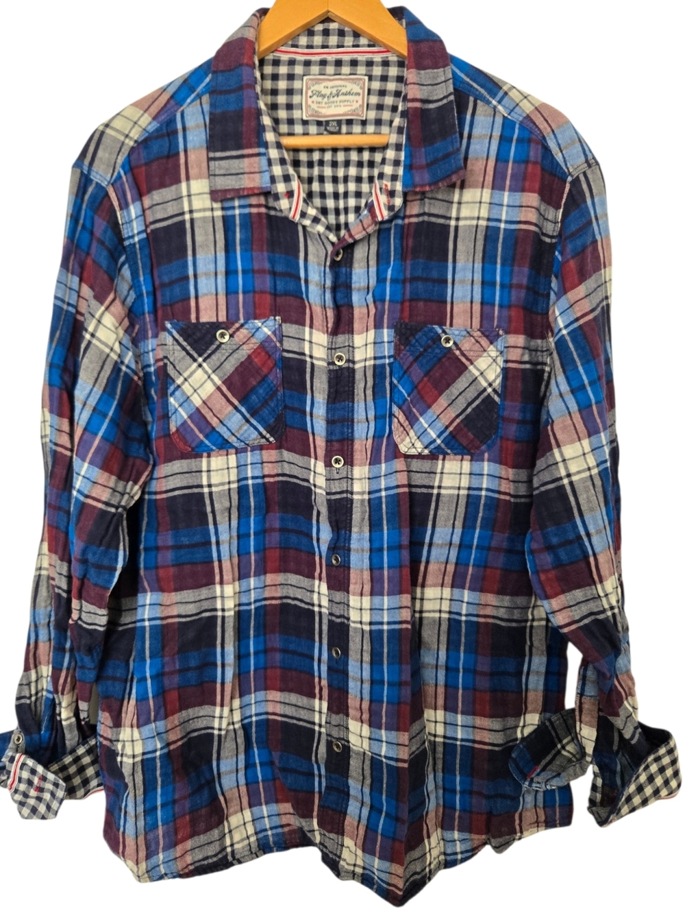 Flag & Anthem Plaid Button Down Shirt 2XL Blue Red Flannel Style